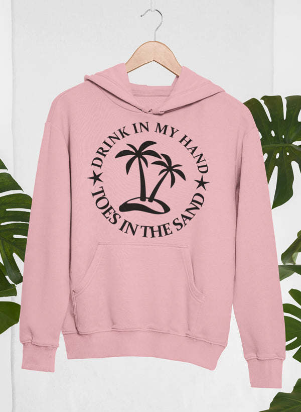 Pink pullover hoodie with hood, front pocket, and palm tree graphic with text