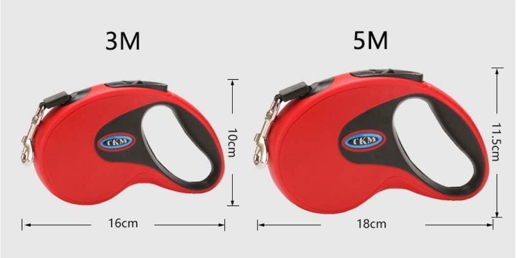 Retractable pet leash size diagram for red 3M and 5M lengths with dimensions.
