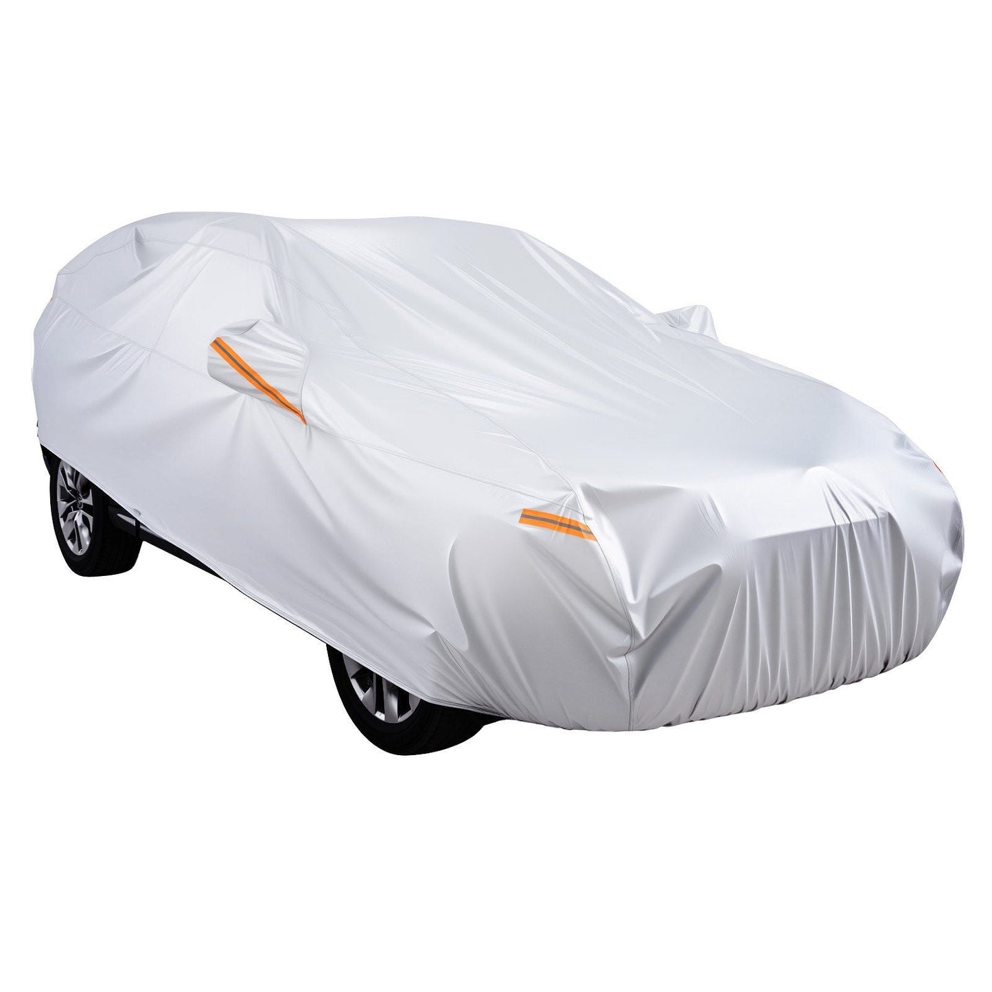 Silver full car cover with hood contour, orange zip tabs, fitted exterior protection