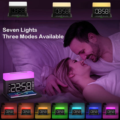 Bedside wireless charging station with multi-color accent lights and digital clock display
