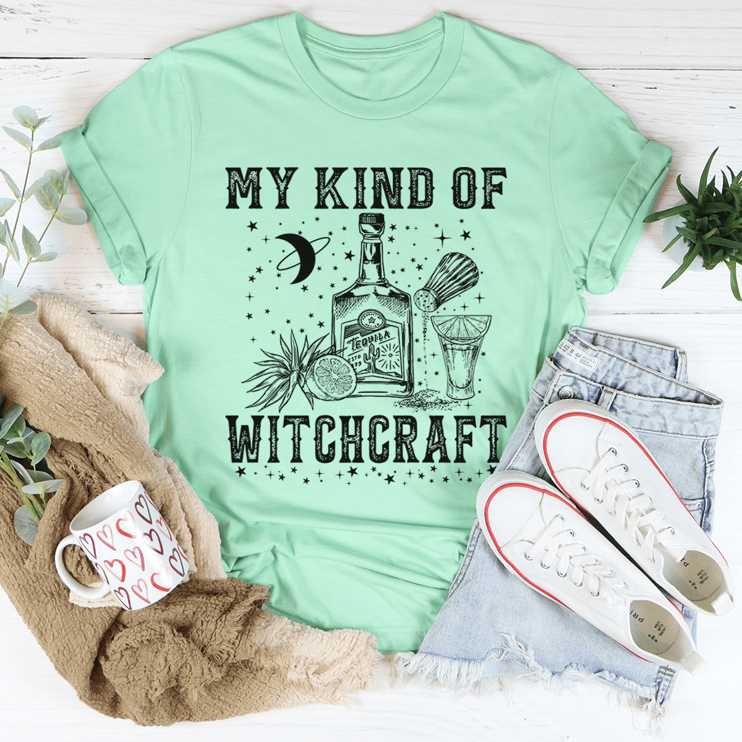 Heather prism mint green crew-neck witchcraft graphic T-shirt with short sleeves, black print.