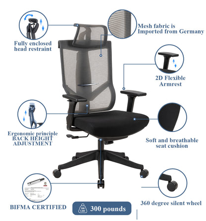 Black mesh office chair with headrest, 2D armrests, and padded seat cushion