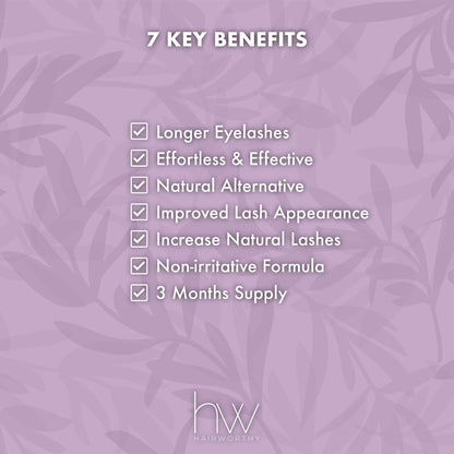 Hairworthy eyelash serum 7 key benefits panel with checklist and HW logo.