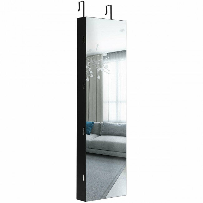 Mirrored jewelry cabinet with lights and full-length mirror, black frame, wall mount hangers
