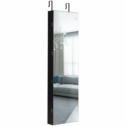 Mirrored jewelry cabinet with lights and full-length mirror, black frame, wall mount hangers