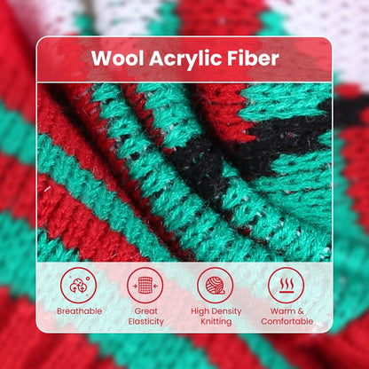 Knit sweater fabric swatch with red and green stripes and textured loops
