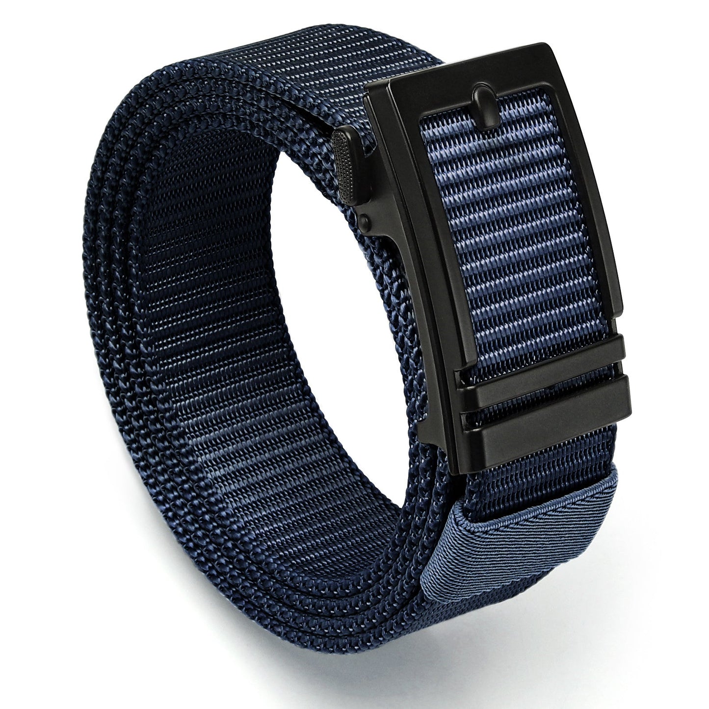 Navy nylon ratchet belt with black automatic buckle, adjustable web strap