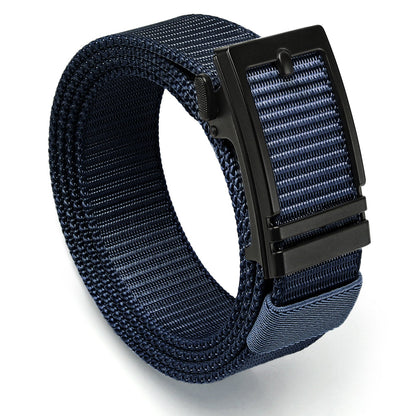 Navy nylon ratchet belt with black automatic buckle, adjustable web strap