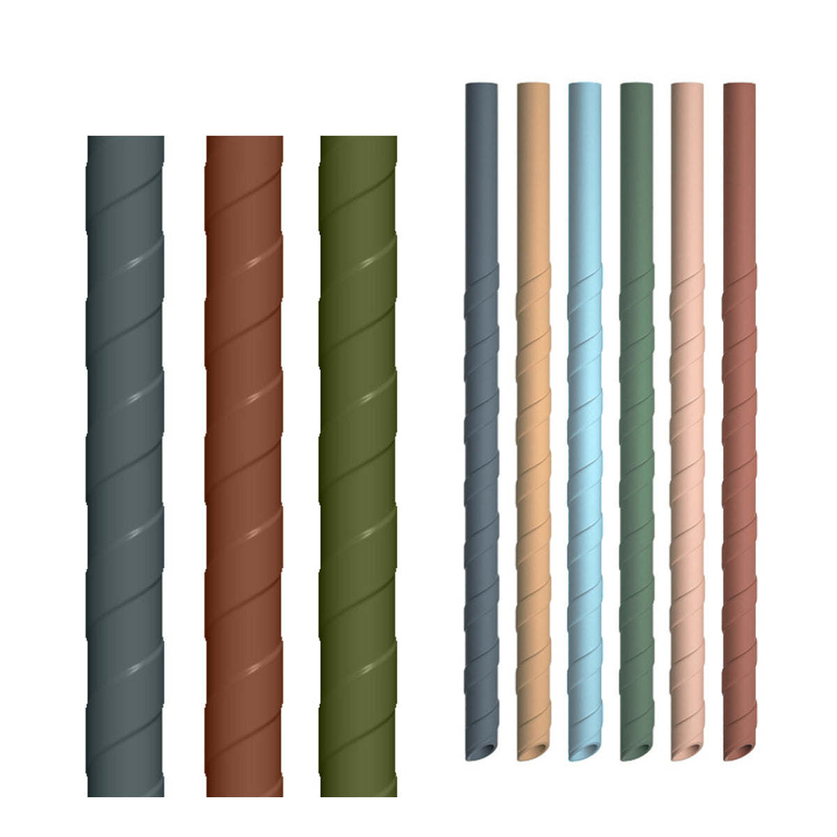 Reusable silicone straws shown in dark gray, brown, green, blue, and tan colors