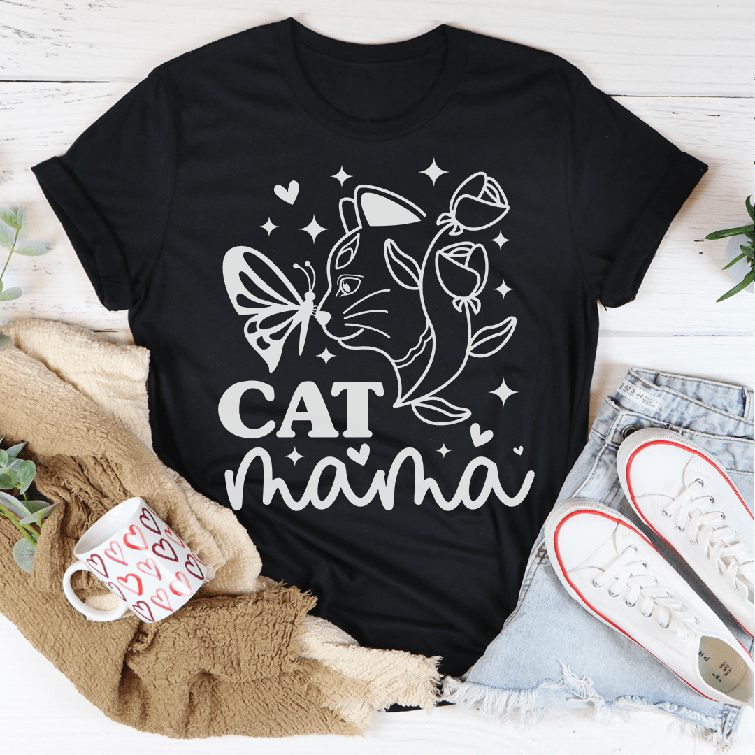 Black T-shirt with white cat and “CAT mama” graphic on the front