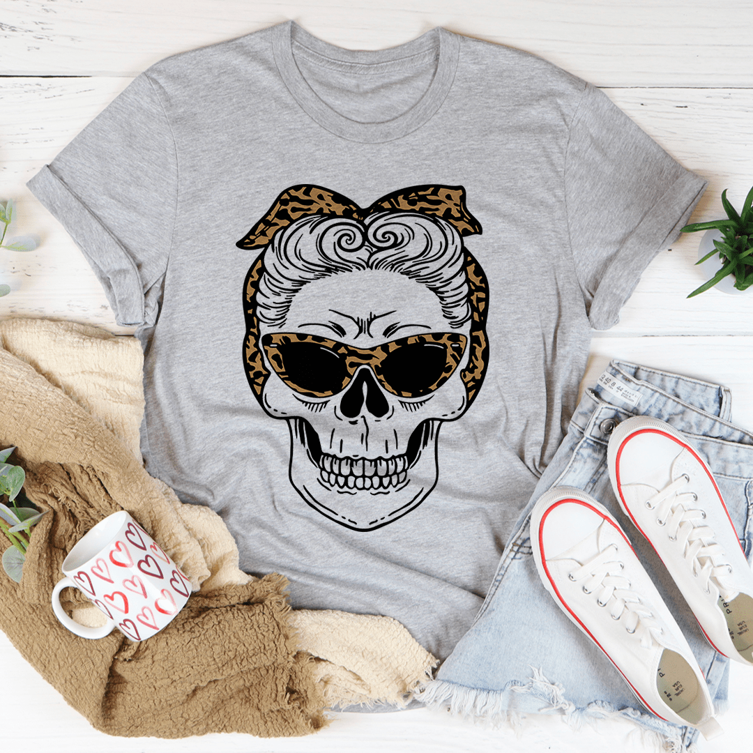 Ash gray crew-neck T-shirt with leopard bandana skull front print