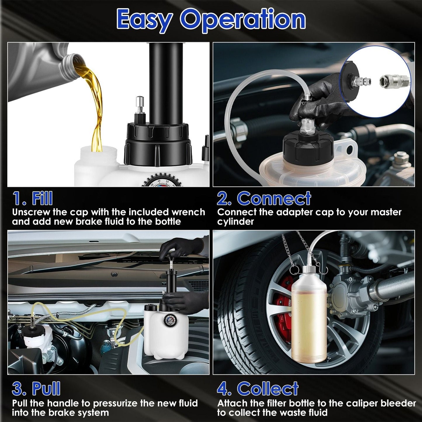 Brake bleeder pump operation with adapter cap, suction hose, and waste oil bottle setup