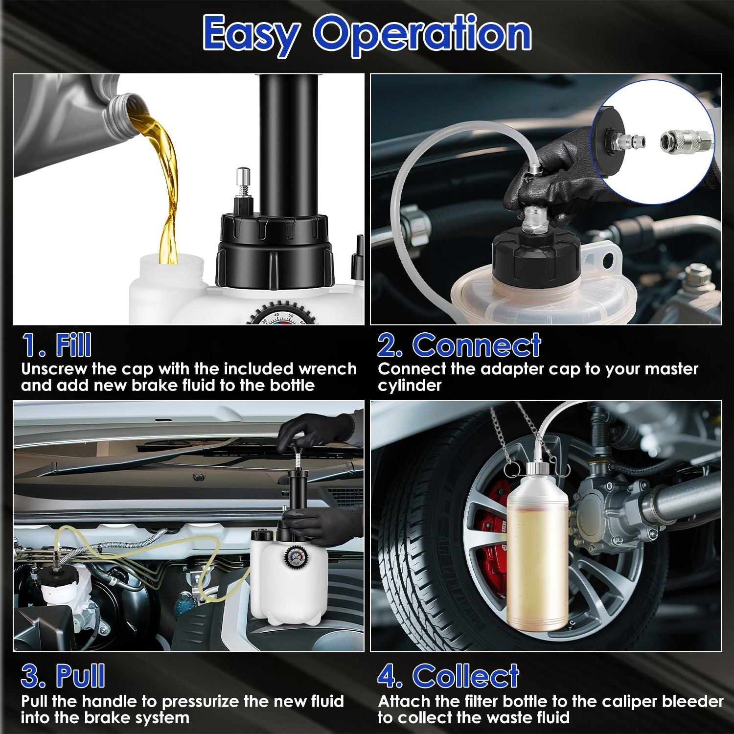 Brake bleeder pump operation with adapter cap, suction hose, and waste oil bottle setup