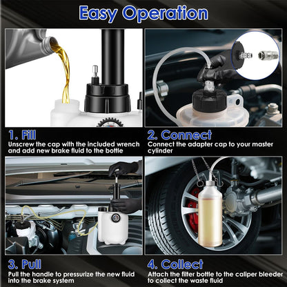 Brake bleeder pump operation with adapter cap, suction hose, and waste oil bottle setup