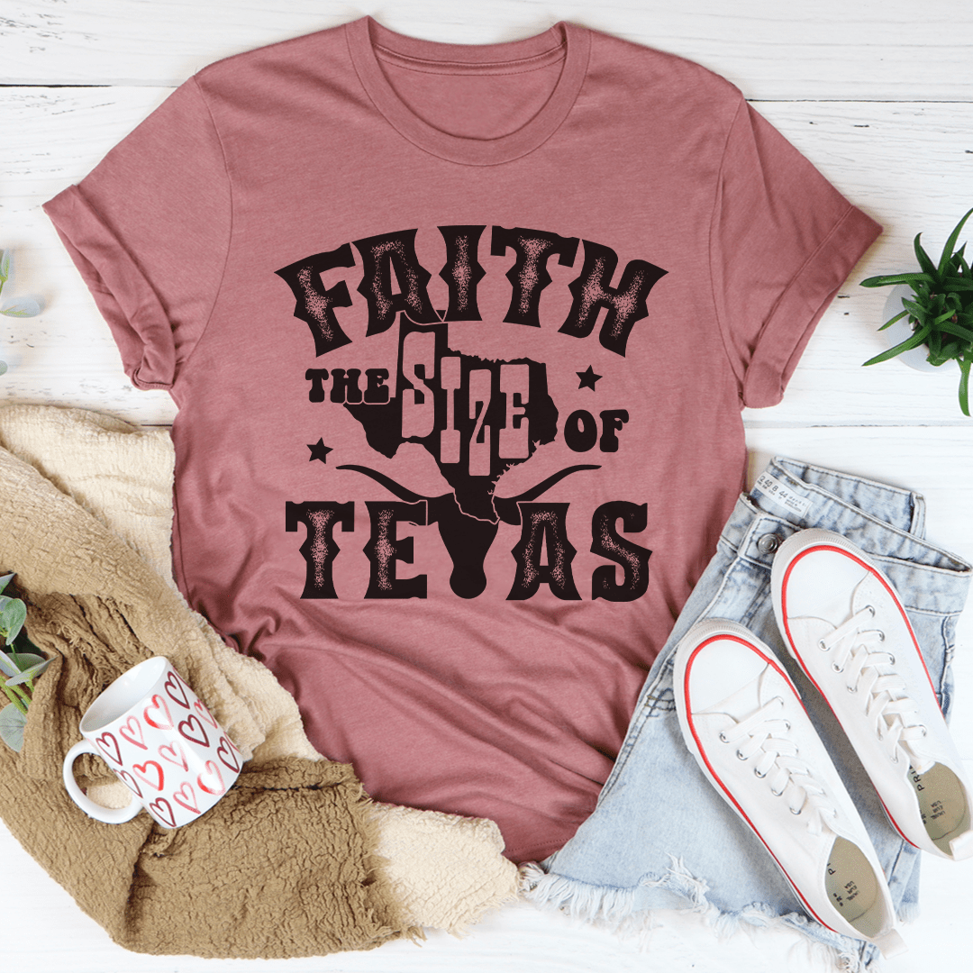 Dusty rose T-shirt with distressed Faith and Texas lettering graphic, crew neck