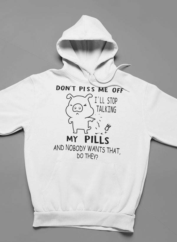 White pullover hoodie with pig graphic and stacked chest quote text