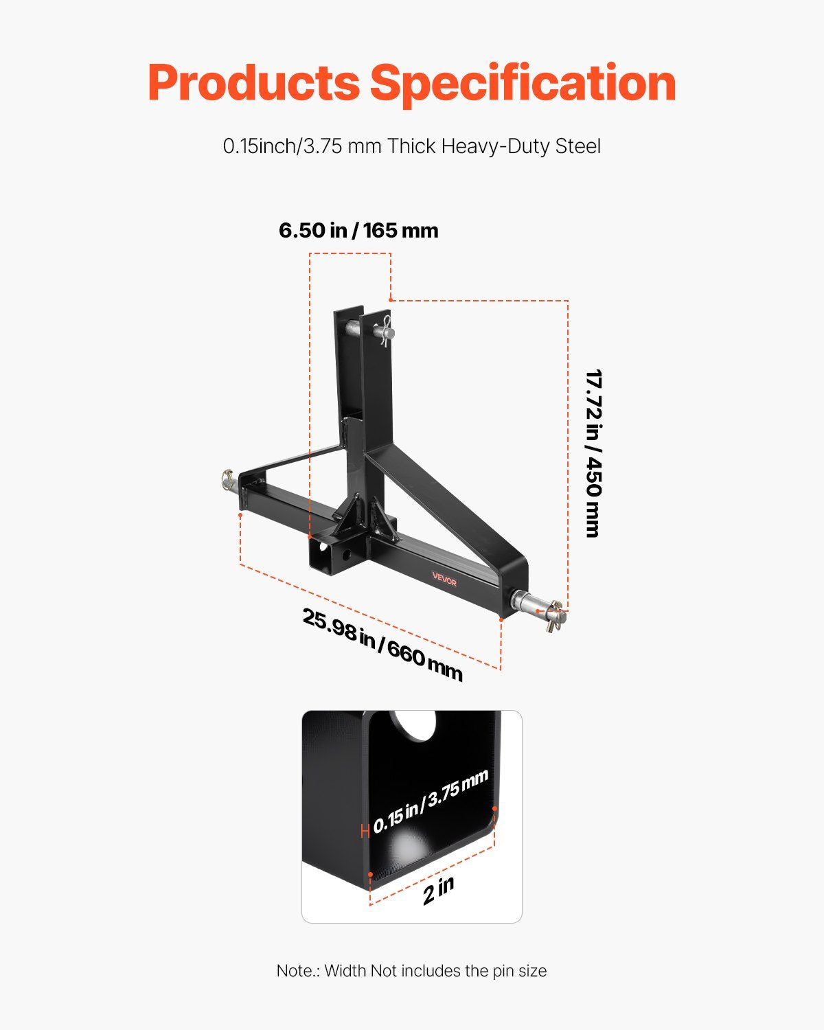 VEVOR 3-point trailer hitch with 2 in receiver, dimension diagram with measurements