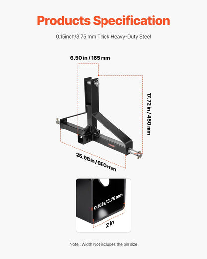 VEVOR 3-point trailer hitch with 2 in receiver, dimension diagram with measurements