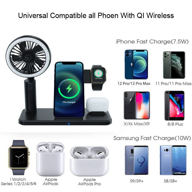 Black wireless charging dock with fan, phone cradle, smartwatch slot, and earbuds case