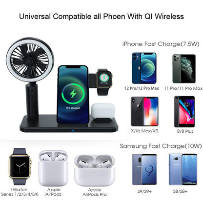 Black wireless charging dock with fan, phone cradle, smartwatch slot, and earbuds case