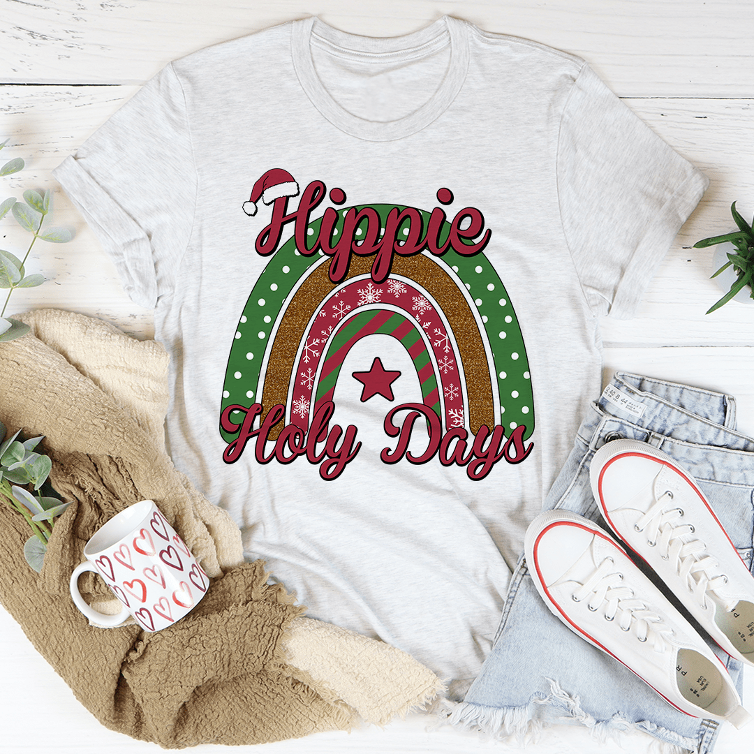 Heather gray crewneck t-shirt with hippie rainbow arch and star graphic