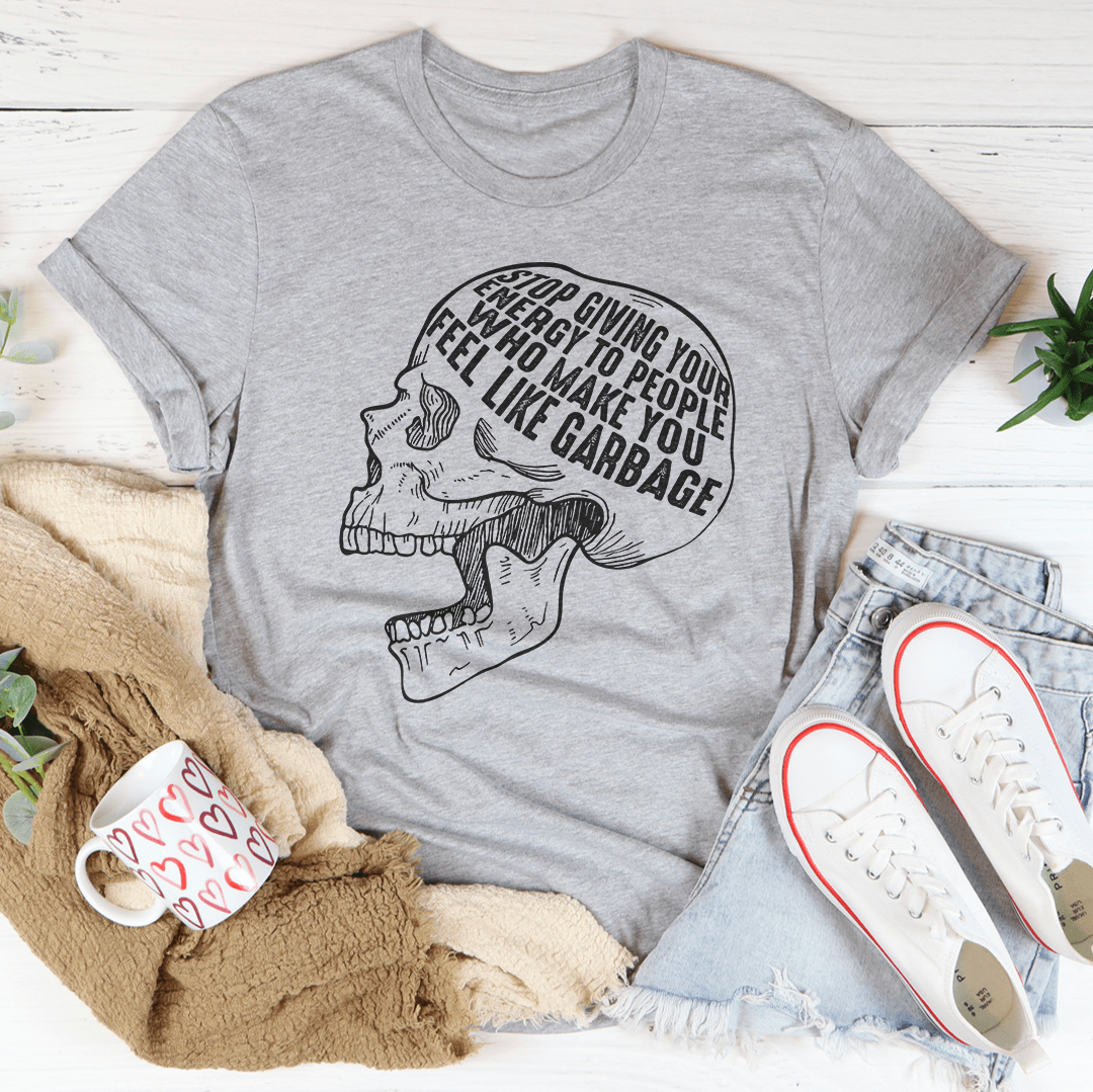 Athletic heather gray T-shirt with distressed skull and quote graphic on the front