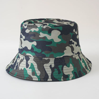 Double-sided camouflage fisherman hat, dark green and navy bucket style with stitched brim.