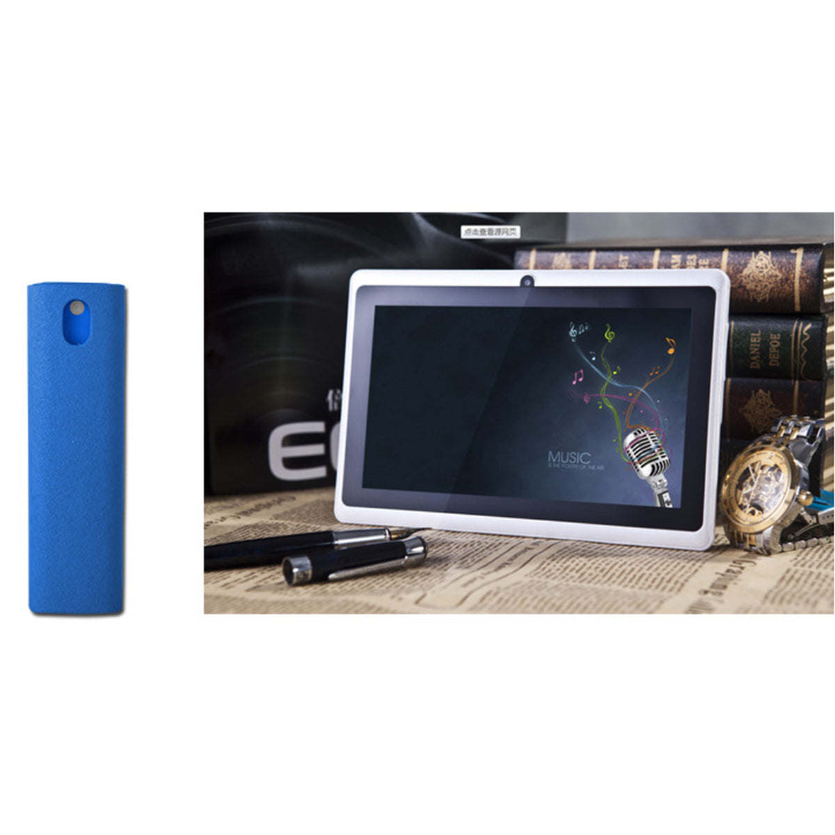 Screen-cleaning kit with blue wipe tool beside a tablet and accessories