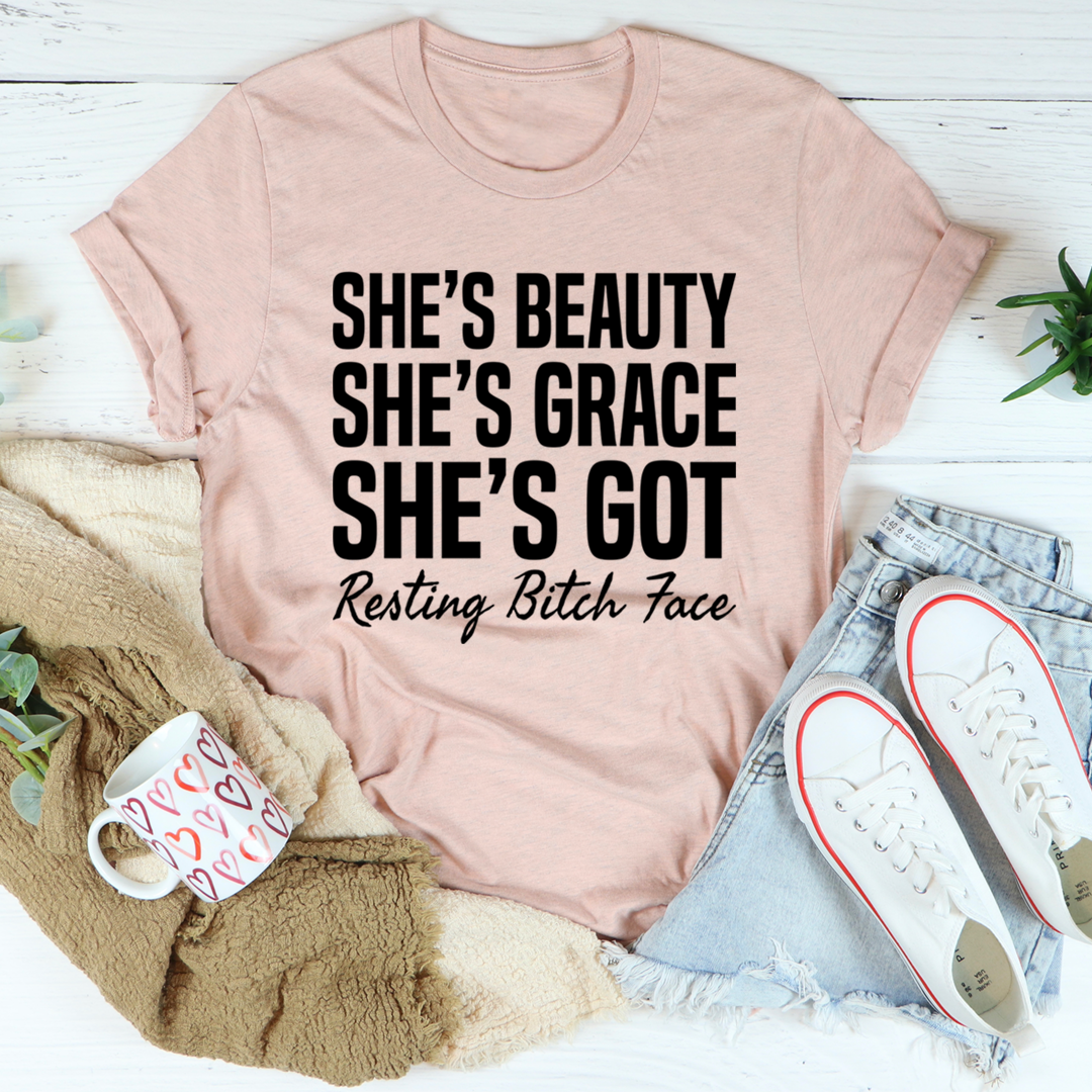 Mauve graphic T-shirt with 'She’s Beauty She’s Grace She’s Got' slogan text