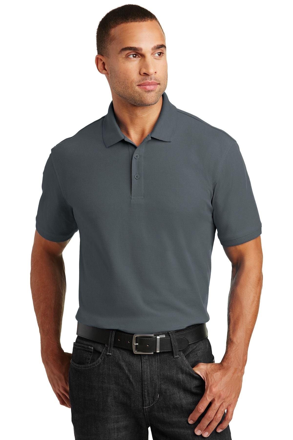 Blue-gray pique polo shirt with short sleeves and three-button placket