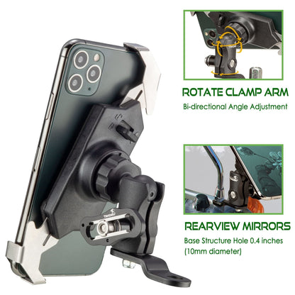 Motorcycle phone mount with phone cradle on adjustable support arm for mirror
