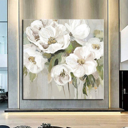 Framed floral oil painting with white blossoms and gold centers on light background