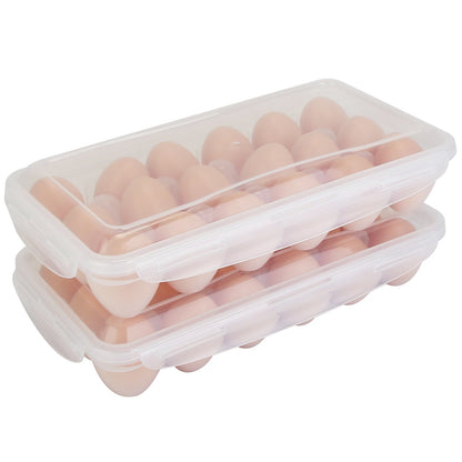 Stackable clear plastic egg storage box with lid, holds multiple eggs in 2 rows