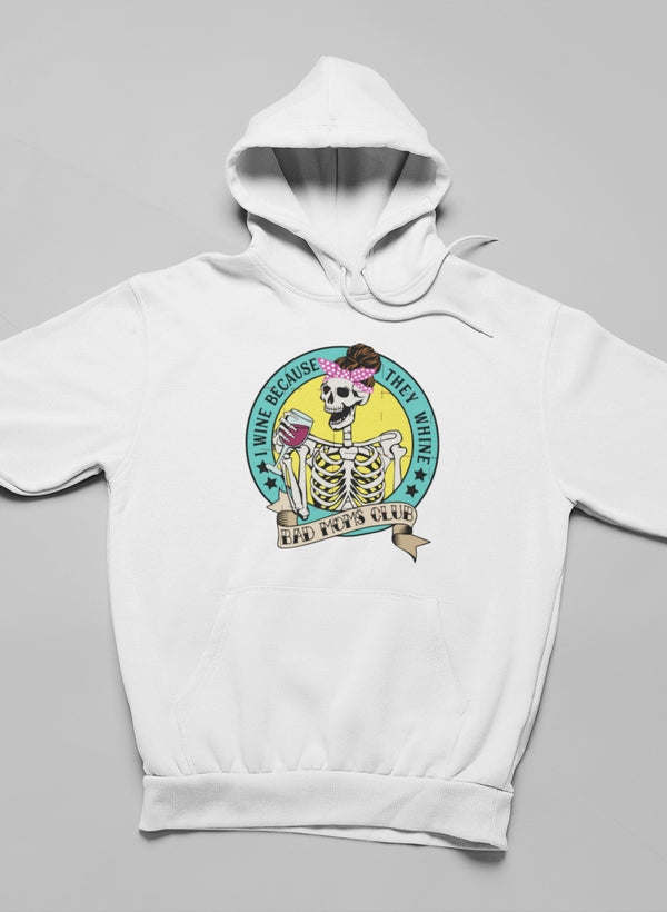 White pullover hoodie with front circular skeleton holding wine graphic