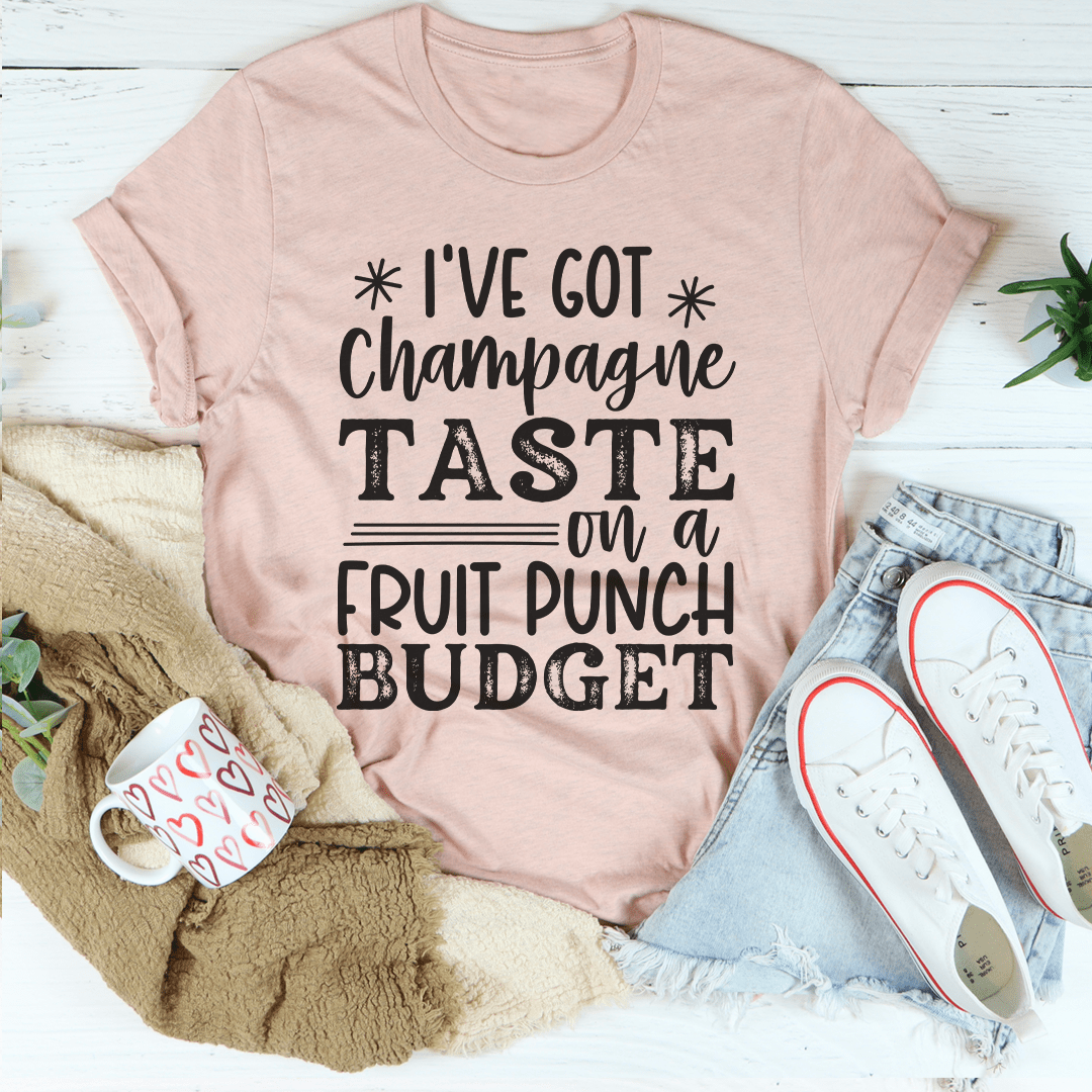 Light pink T-shirt featuring Champagne taste on budget slogan print