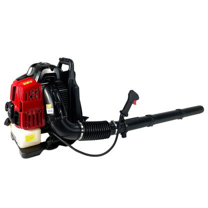 Gas backpack leaf blower with long black nozzle tube and side control handle