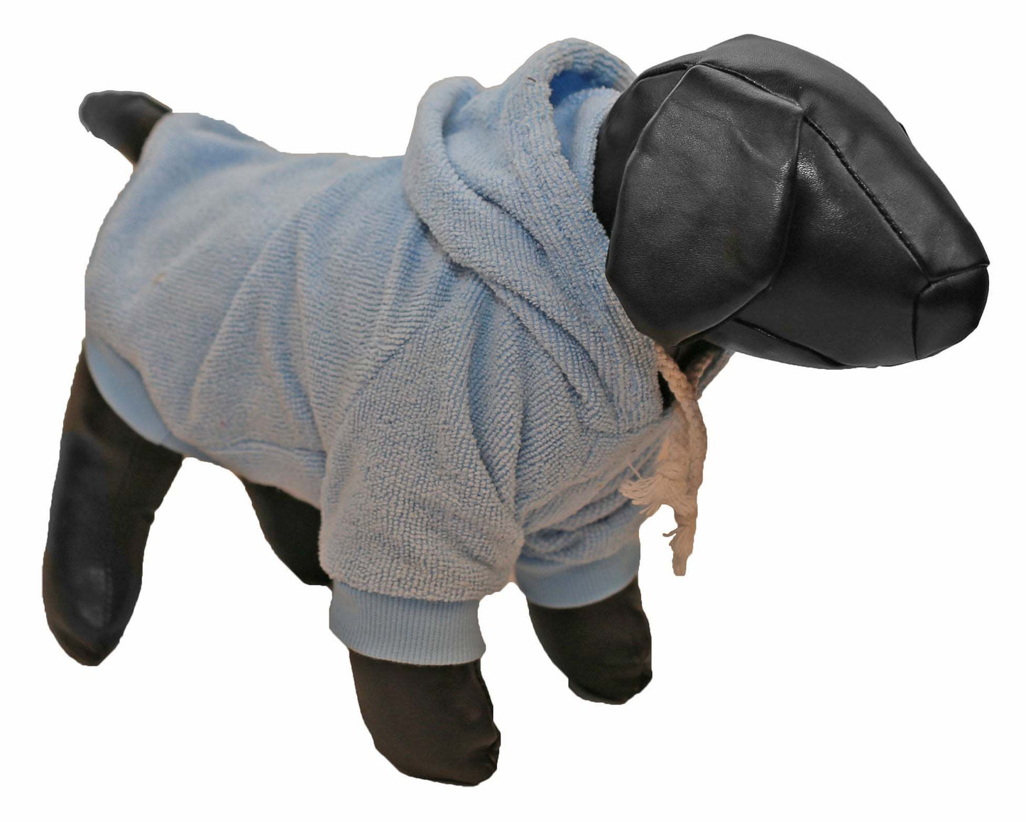 Light blue pet hoodie with hooded collar and ribbed cuffs, shown on a standing dog