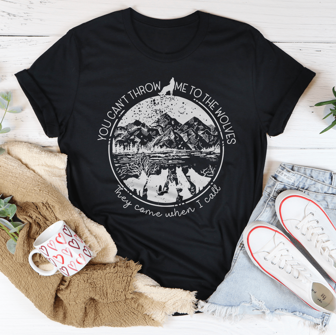 Black crewneck T-shirt with circular mountain landscape graphic in white