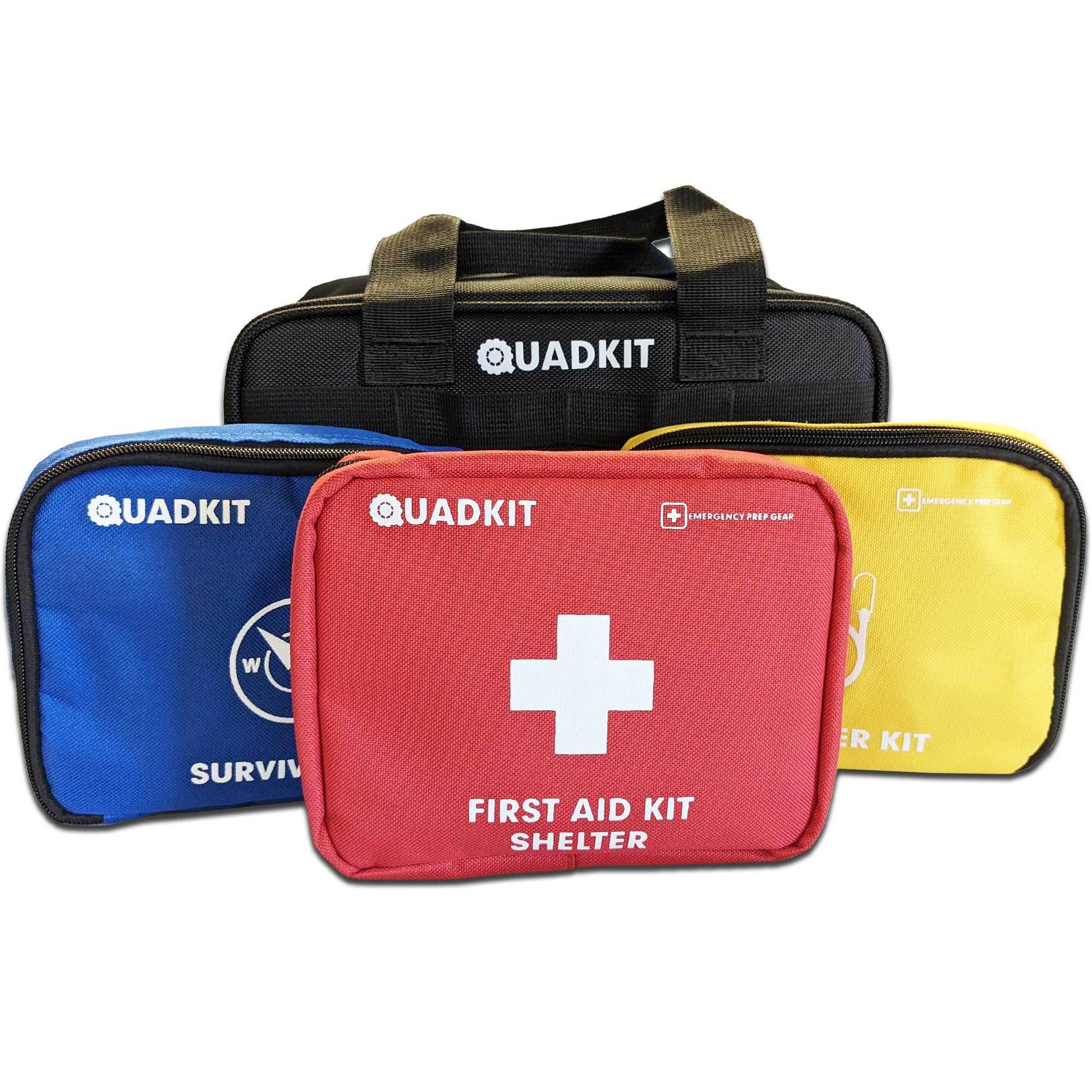 Three emergency kit pouches: blue survival, red first aid kit shelter, and yellow fastener kit