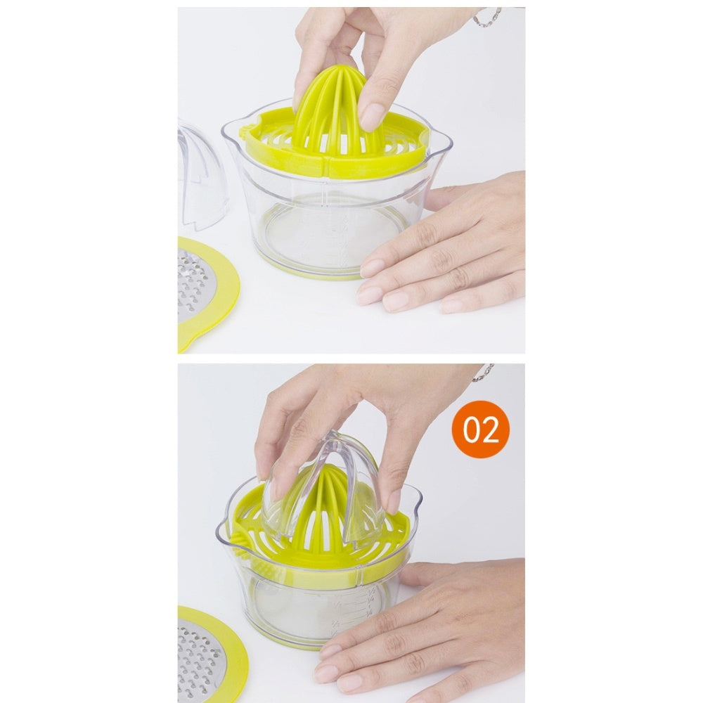 Green manual citrus squeezer with hands positioning the cone inside the bowl.