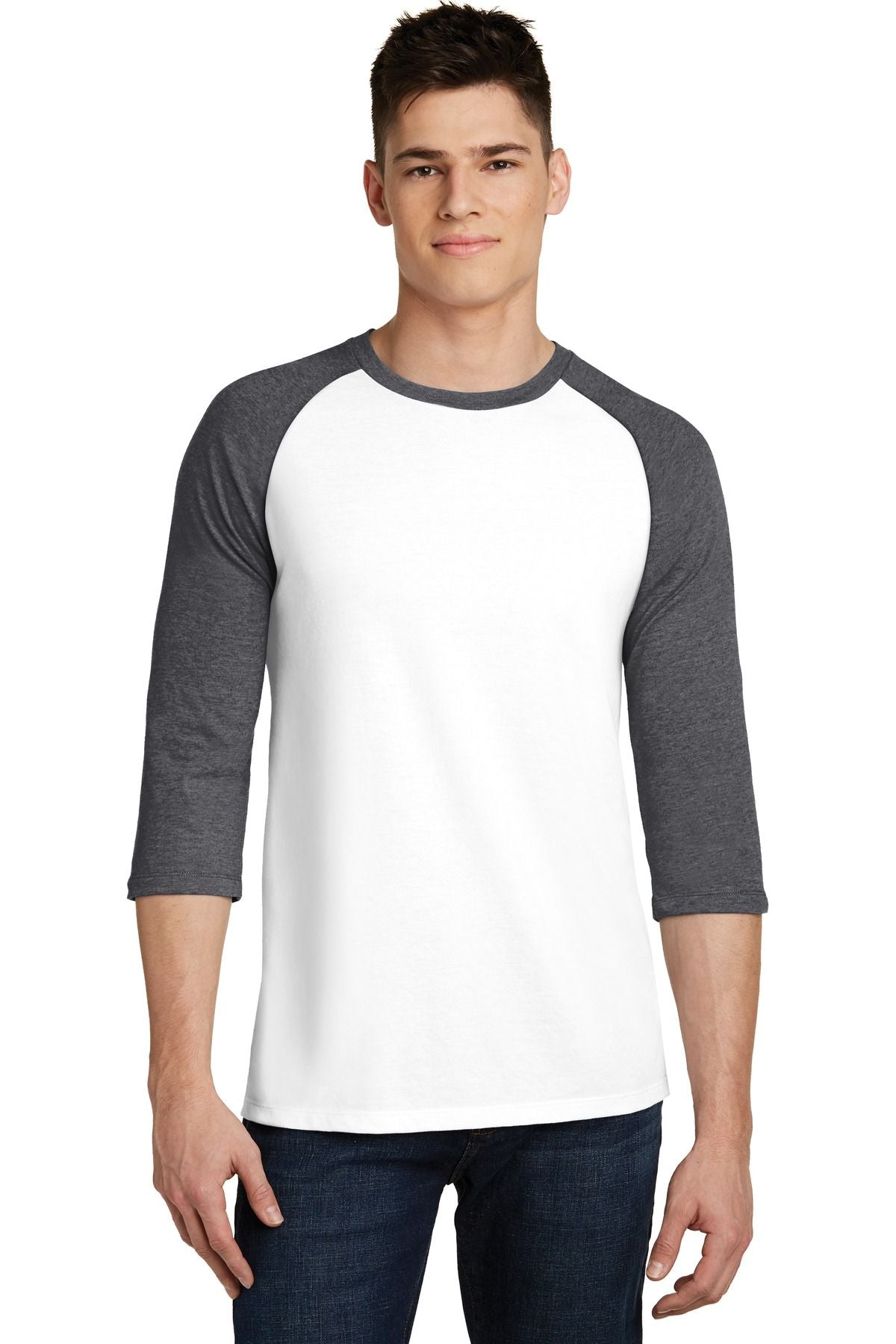 Heather grey raglan tee with white body, 3/4 sleeves, contrast crew neck trim