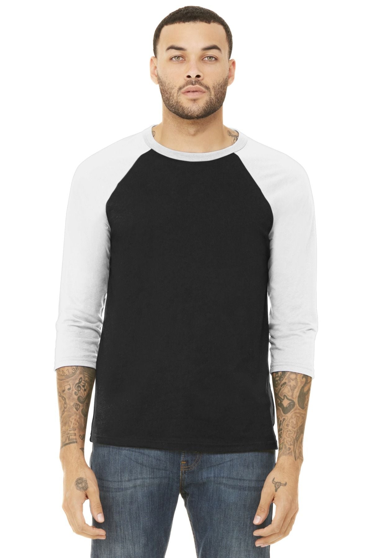 Unisex 3/4-sleeve baseball raglan tee, black body with white sleeves and ribbed collar.