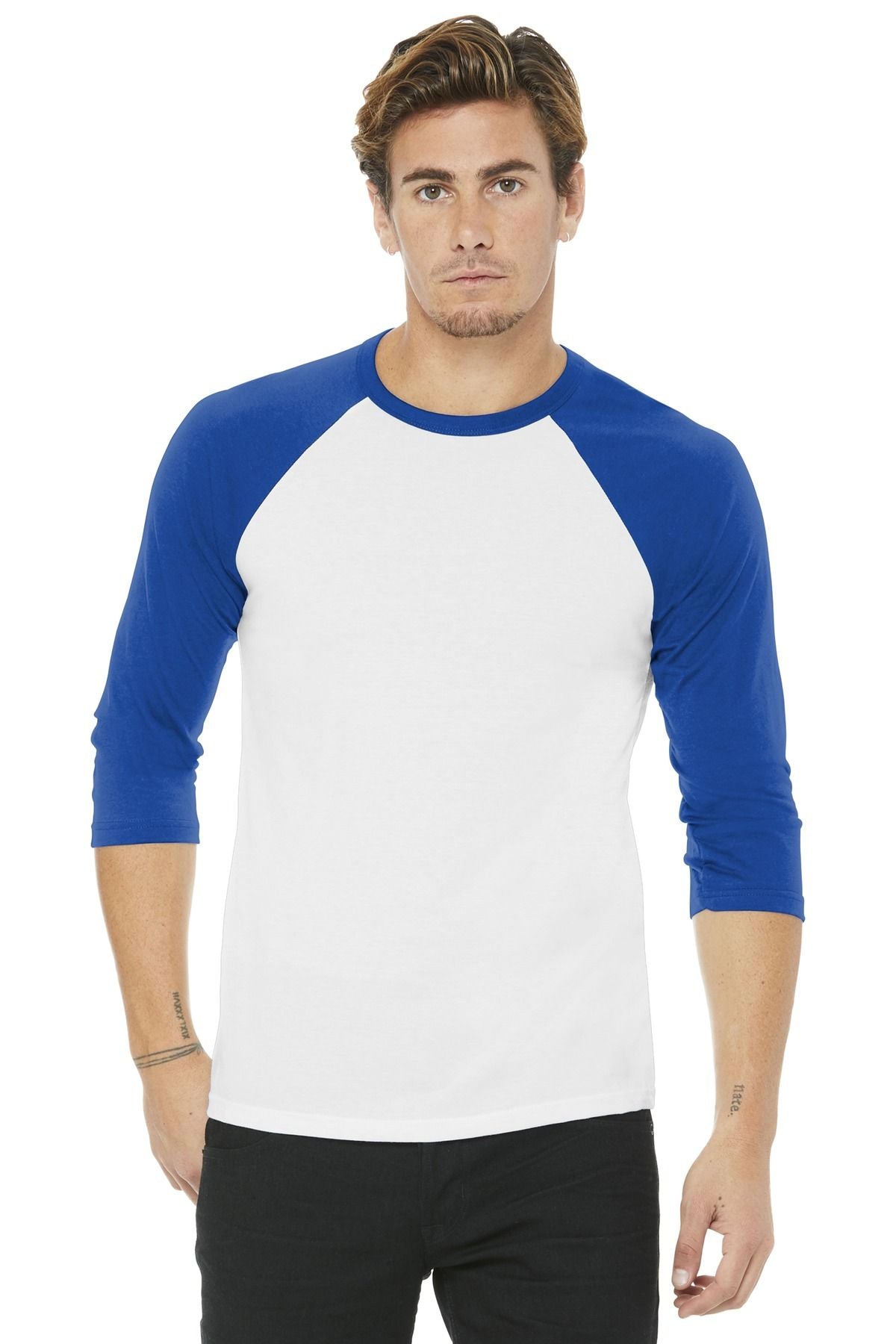 Unisex raglan baseball tee with white body and royal-blue 3/4 sleeves