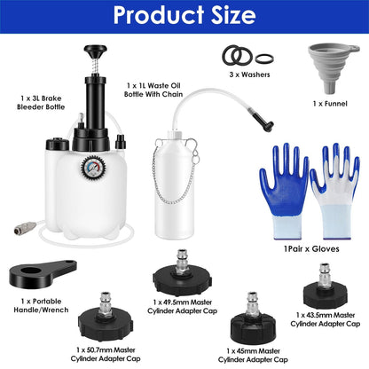 Brake bleeder kit contents: white 3L pump bottle, 1L waste bottle, funnel, gloves, adapters