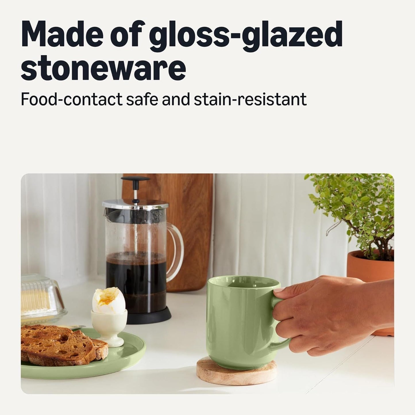 Basics Glazed Stoneware Coffee Mugs, Ceramic 4-Piece Set, 16 oz, Microwave and Dishwasher-Safe, Olive