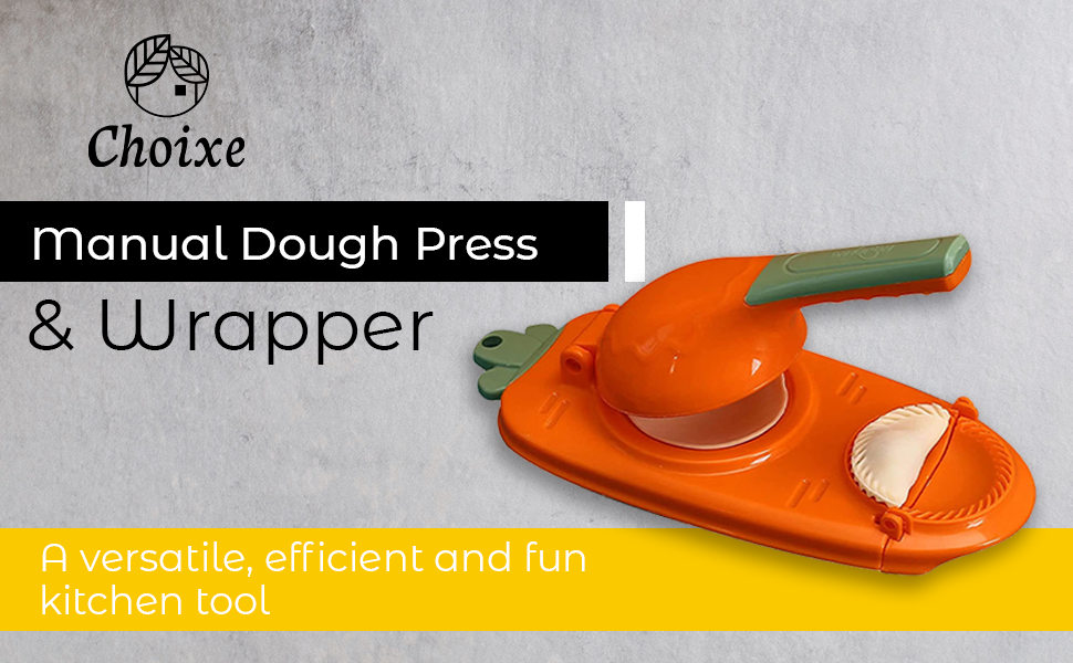 Orange manual dough press with green handle and crimping mold insert