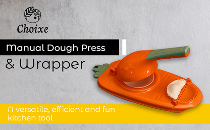Orange manual dough press with green handle and crimping mold insert