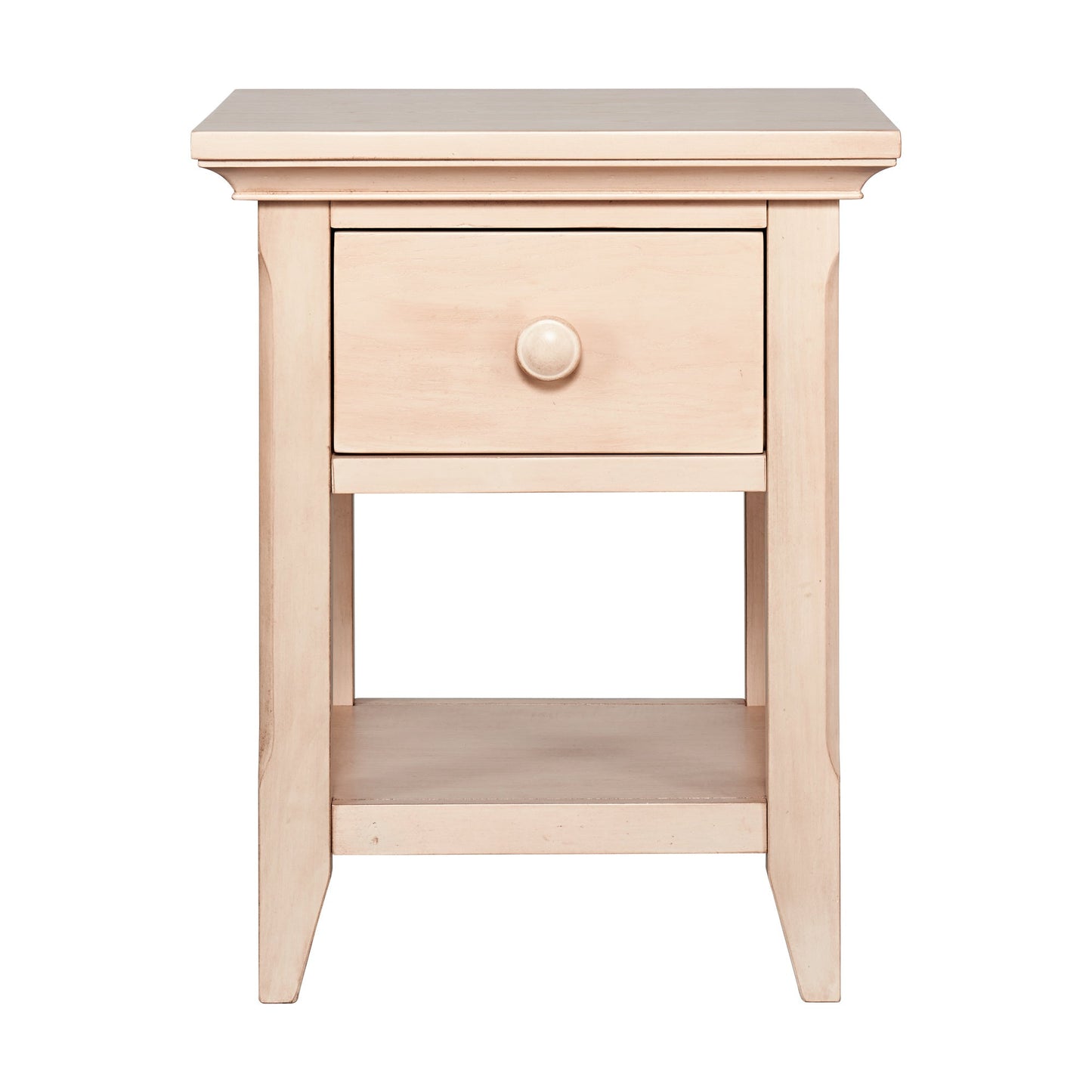 Sandstone nightstand with one center drawer, round knob, and open lower shelf.