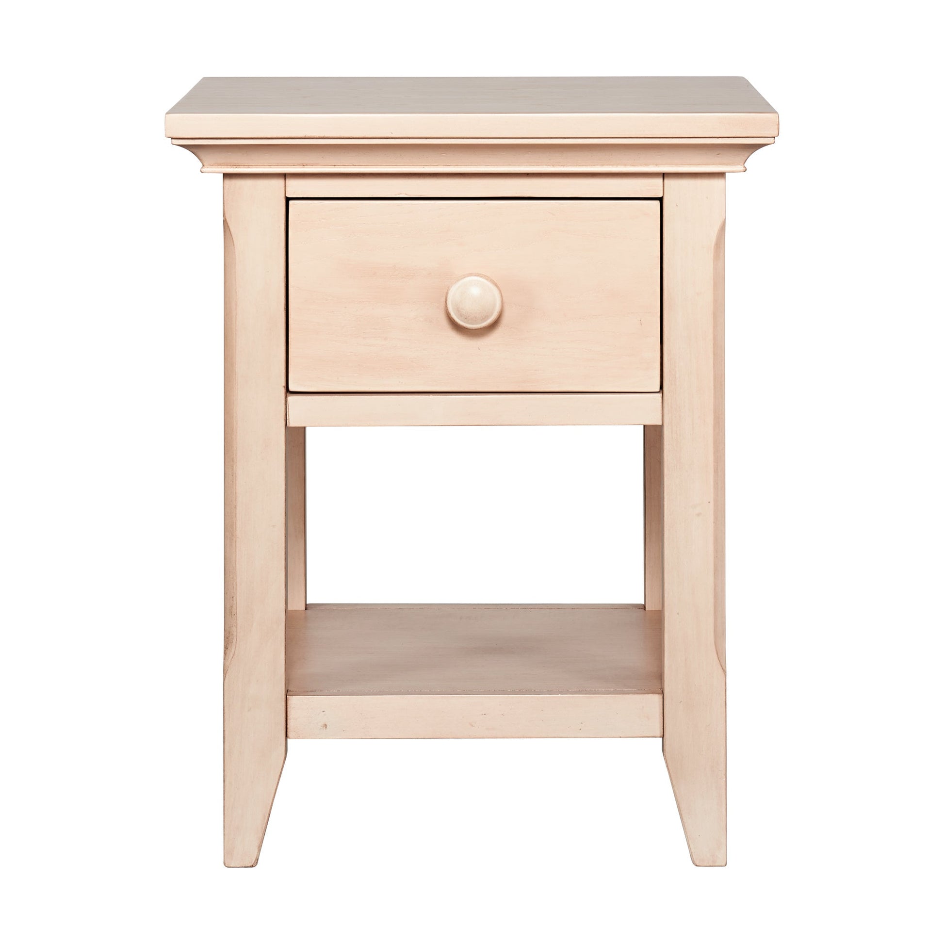Sandstone nightstand with one center drawer, round knob, and open lower shelf.