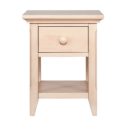 Sandstone nightstand with one center drawer, round knob, and open lower shelf.